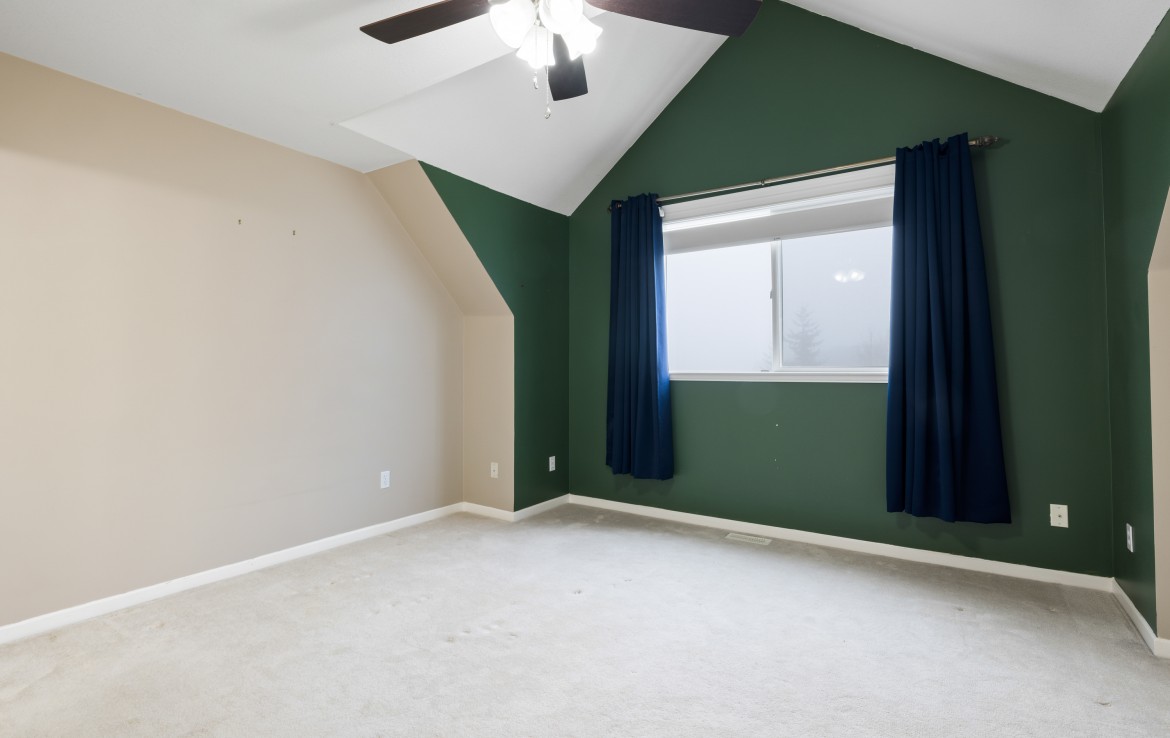 Large bedroom with vaulted ceilings, fan and a forest green feature wall.