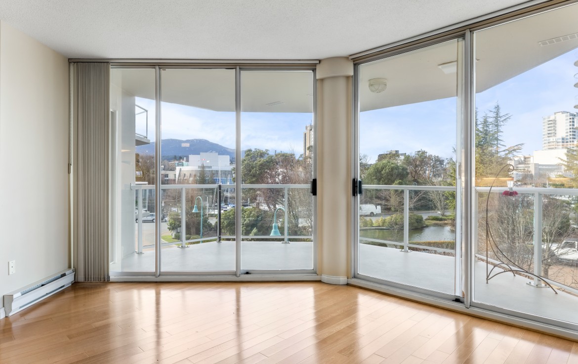 Double sliding door to deck view with view of Mt Benson and edge of downtown.