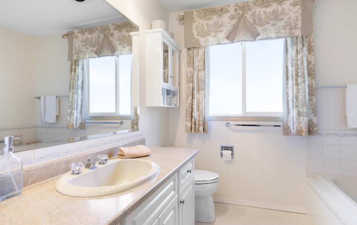 Ensuite bathroom view with soaker tub, large mirror and large vanity.