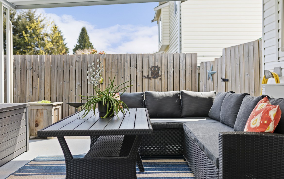 Close up view of outside sitting area in backyard of Nadely, Nanaimo, BC.